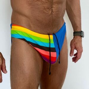 Vibrant Rainbow Stripe Men's Swim Brief, Drawstring, Front lined, Medium